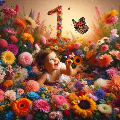 Un jardin floral vibrant, débordant de fleurs colorées. Une petite fille d'un an, heureuse, rampe parmi les fleurs pour attraper un papillon dont les ailes portent le chiffre "1". L'ambiance est joyeuse, ludique et pleine de vie, célébrant la beauté naturelle et la croissance de la première année.
