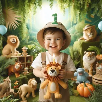 Un joyeux petit garçon d'un an se tient au milieu de la scène, coiffé d'un chapeau de safari et tenant un lion jouet avec un chapeau d'anniversaire et une bougie numérotée "1". L'ambiance est aventureuse, ludique et pleine d'énergie pour célébrer la curiosité d'un petit explorateur.
