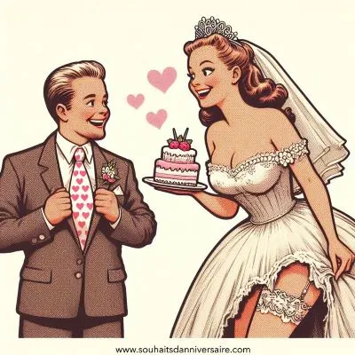 Illustration de style vintage d'un couple d'âge moyen en tenue de mariage dépareillée, se regardant d'un air amusé et tenant des parts de gâteau.
