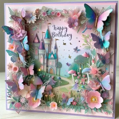 Une carte d'anniversaire fantaisiste avec un jardin magique, des papillons colorés, des fleurs délicates, des éléments découpés révélant des fées cachées, des paillettes, des accents irisés, un château pop-up, des créatures des bois et des couleurs douces comme le rose, le violet et le sarcelle.