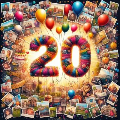 Un vibrant collage de souvenirs encapsulant 20 ans de voyage dans la vie, avec des instantanés de l'enfance à aujourd'hui. Au centre, le chiffre "20" est dessiné avec des ballons, entouré de vœux sincères et de symboles de croissance.