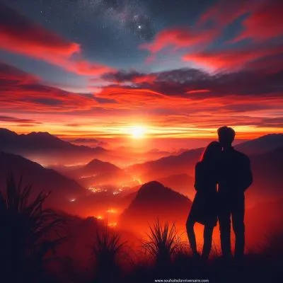 Silhouetted couple embracing against stunning sunset or starry night sky backdrop