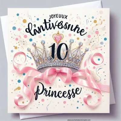 Une carte d'anniversaire avec un diadème ou une couronne étincelante comme image centrale, des points de confettis et un ruban ludique et virevoltant. Texte : Joyeux 10e anniversaire, Princesse !