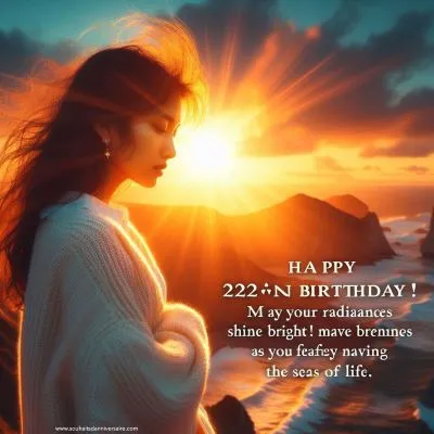 Un coucher de soleil jetant une lueur dorée dans le ciel, illuminant un littoral accidenté, avec une jeune femme debout, les cheveux ébouriffés par la brise de l'océan, symbolisant le courage et la persévérance à l'âge de 22 ans, transmettant le message : Joyeux 22e anniversaire !