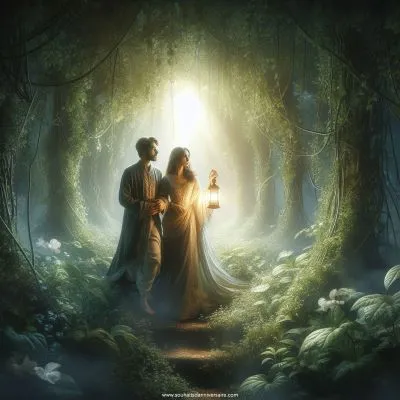 Couple dans un labyrinthe luxuriant, la femme tenant une lanterne, l'homme guidant à travers les défis de l'amour vers un avenir radieux

