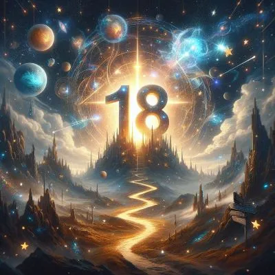 une aventure à l'occasion du 18e anniversaire avec le chiffre "18" comme un phare majestueux au milieu des étoiles, des galaxies et des merveilles du cosmos, évoquant l'émerveillement et la possibilité.