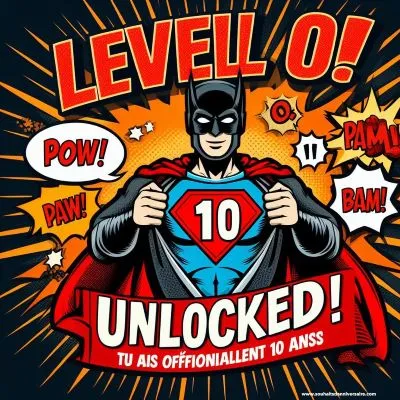 Image de super-héros avec texte centré "Level 10 Unlocked !" en caractères gras, éclats de style bande dessinée avec les mots "POW !" et "BAM !", un masque de super-héros et une cape. Texte : "Niveau élevé ! Tu as officiellement 10 ans"