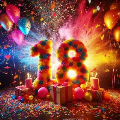 une fête pour le 18e anniversaire avec le chiffre "18" dans une explosion de confettis et de ballons, une explosion de couleurs et une atmosphère excitante.