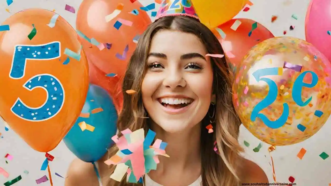 une fille sourit pour son 26e anniversaire avec des ballons et des confettis