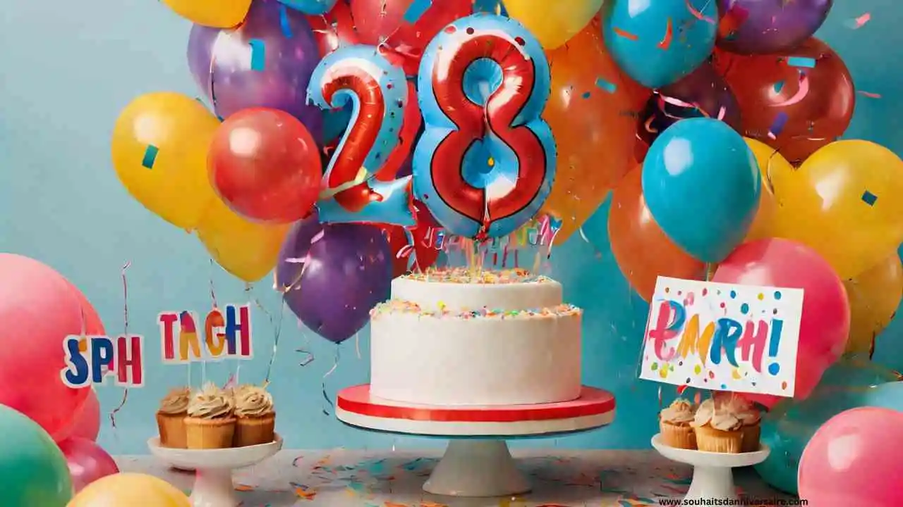 Le gâteau du 28e anniversaire est entouré de ballons colorés