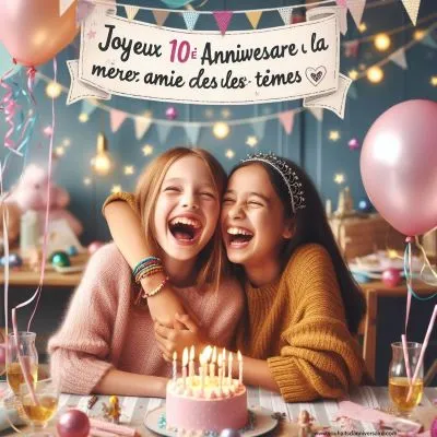 Deux filles rient ensemble dans un décor d'anniversaire festif avec des ballons et des serpentins, y compris un bracelet d'amitié. Texte : Joyeux 10e anniversaire à la meilleure amie de tous les temps !