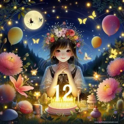 Un thème d'anniversaire charmant avec le crépuscule, des lucioles, des fleurs en éclosion, une jeune femme avec une couronne d'anniversaire et des ballons, entourée des symboles de ses rêves, et le nombre "12" signifiant l'innocence de l'enfance, la sagesse et les possibilités d'avenir.