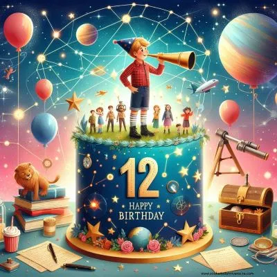 Un thème d'anniversaire dynamique avec une toile de fond cosmique, des constellations, un jeune garçon debout sur un gâteau d'anniversaire orné de symboles d'aventures, d'un télescope, d'un coffre au trésor, d'une réunion d'amis et de famille, et du chiffre "12" signifiant le courage, la curiosité et le potentiel.