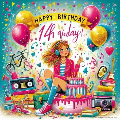 une carte d'anniversaire vibrante et joyeuse pour une jeune fille de 14 ans, avec des ballons scintillants, des confettis, un gâteau avec des cierges magiques et une illustration élégante d'une adolescente entourée de livres, de musique et d'équipements sportifs, avec le message "Joyeux 14e anniversaire !
