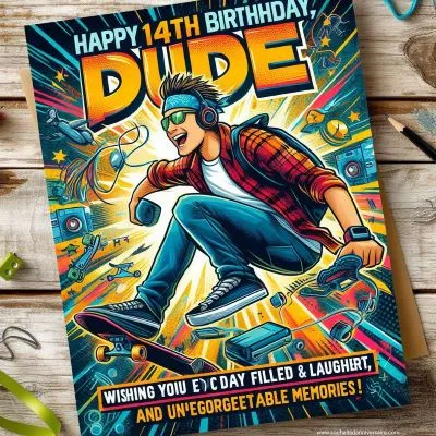 une carte d'anniversaire aventureuse et dynamique pour un garçon de 14 ans avec une illustration cool d'un adolescent faisant du skateboard, jouant ou explorant l'extérieur, utilisant des couleurs vives et des motifs énergiques, et le message "Joyeux 14e anniversaire, mon pote !