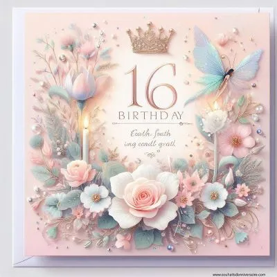 Une carte d'anniversaire pour les 16 ans d'une jeune fille avec des tons pastel doux, des fleurs épanouies, des perles scintillantes et une touche de poussière de fée. 