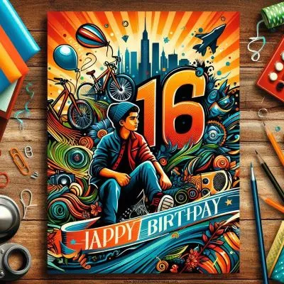 Une carte d'anniversaire pour les 16 ans d'un garçon avec des couleurs vives, des éléments dynamiques représentant ses hobbies ou intérêts préférés, et un soupçon de charme robuste signifiant son passage à l'âge adulte.