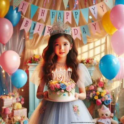 Fille de 9 ans, scène d'anniversaire : ballons, gâteau, couronne, 'Joyeux 9ème anniversaire!'