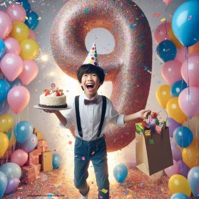 Jeune garçon de 9 ans éclate à travers un '9' géant de ballons colorés, confettis en pluie. Il tient sac de fête et gâteau avec bougie allumée, sourire et chapeau de fête.
