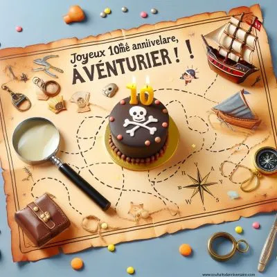 Une carte au trésor avec une ligne pointillée menant à un grand "X" marquant un gâteau d'anniversaire, avec une loupe, un petit bateau pirate et une boussole éparpillés autour. Texte : Joyeux 10ème anniversaire, Aventurier !