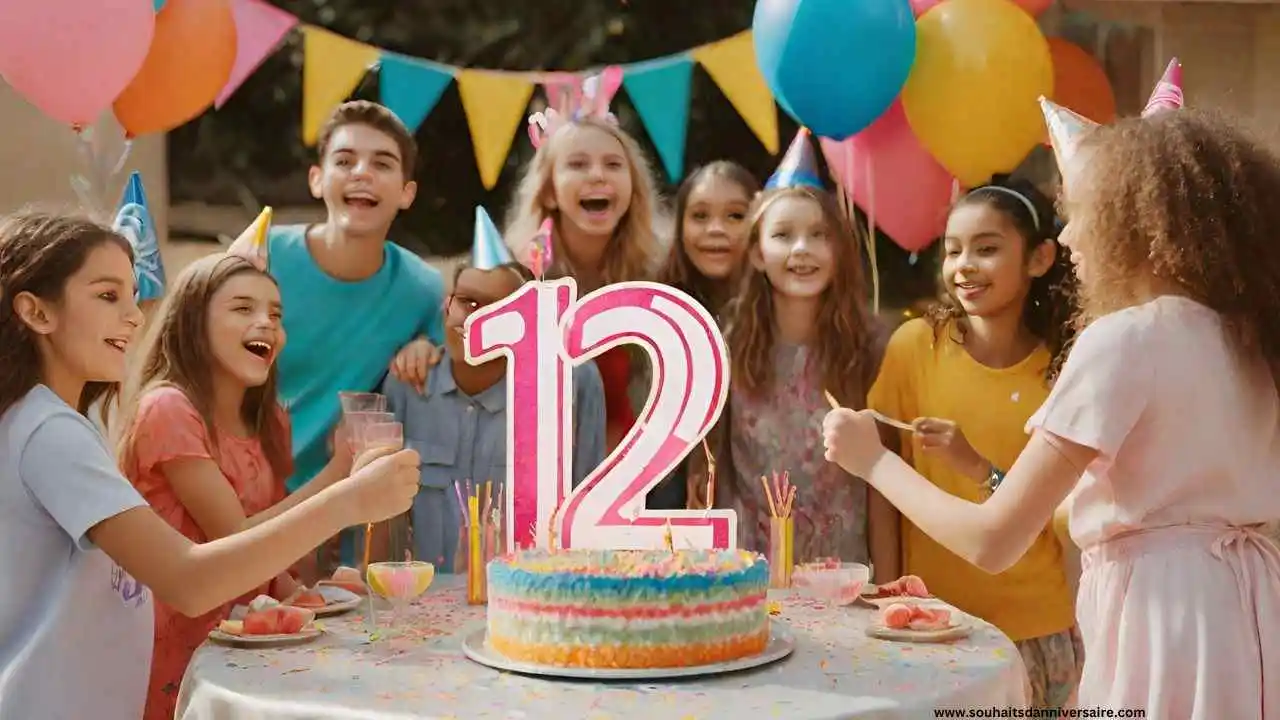 Une image capturant la magie d'une fête d'anniversaire flamboyante pour les 12 ans, avec le chiffre "12" brillant au milieu de la célébration.