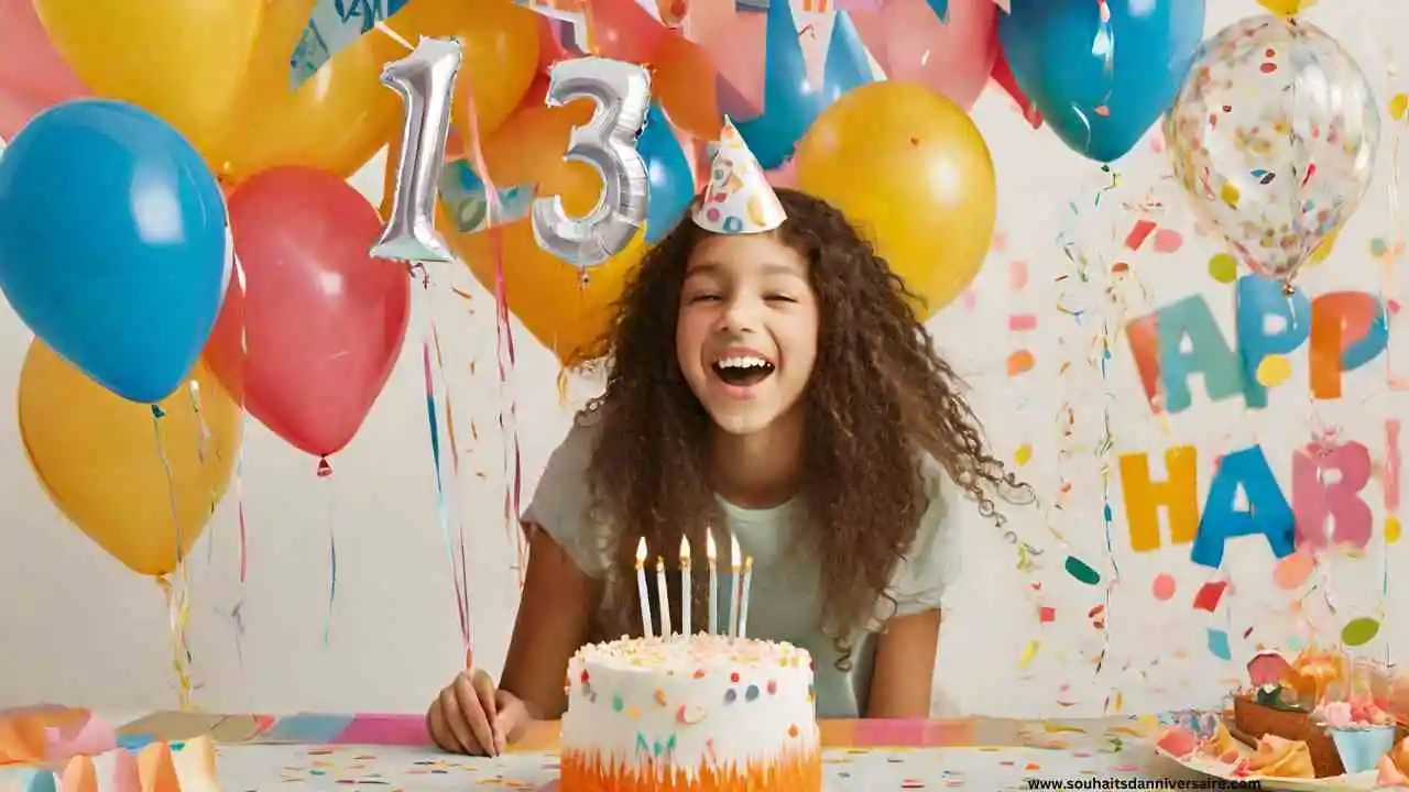 Image joyeuse pour le 13e anniversaire : gâteau avec chiffres, ballons, et confettis.