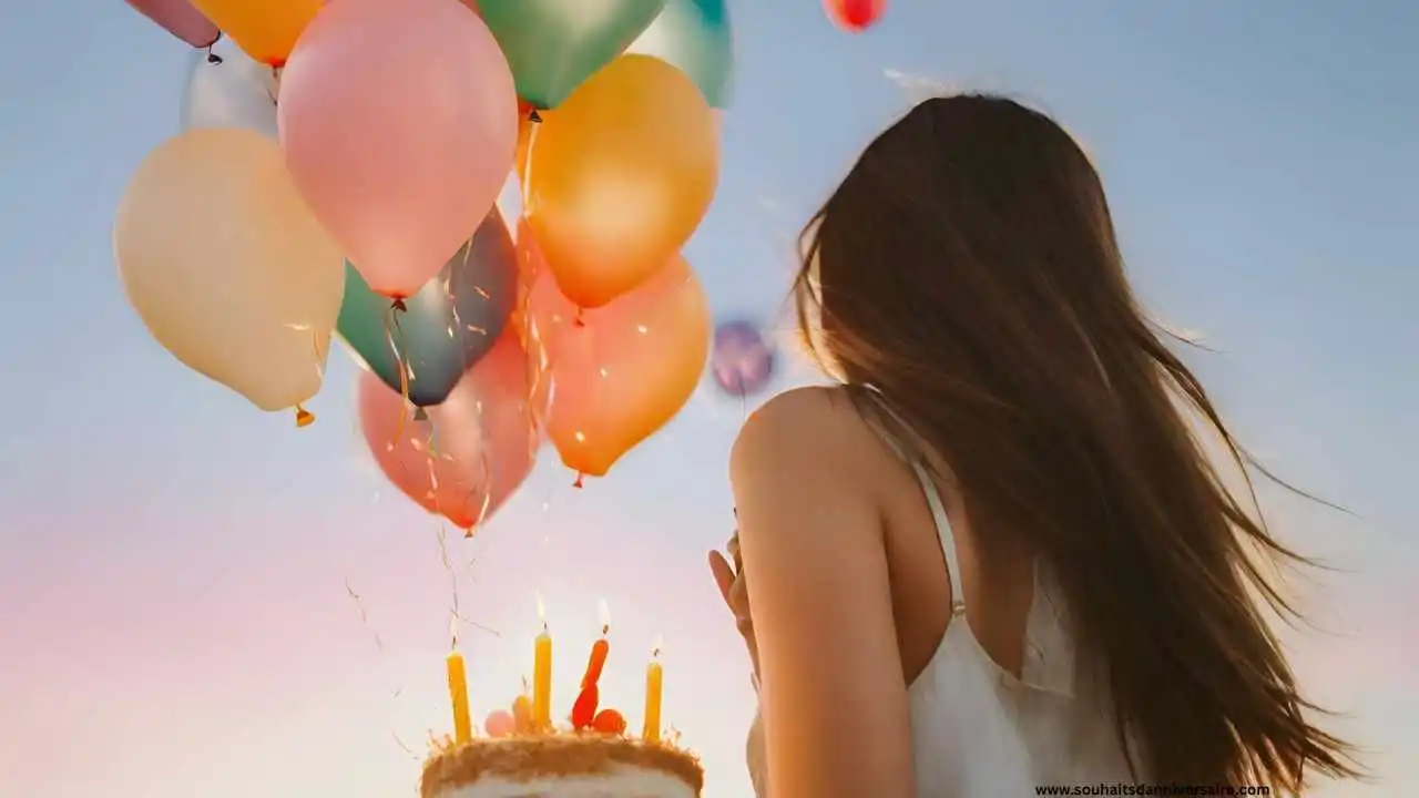 An enchanting 19th birthday celebration: colorful balloons, a dazzling cake, and a silhouette basking in the glow of youthful joy against a breathtaking sunset backdrop.