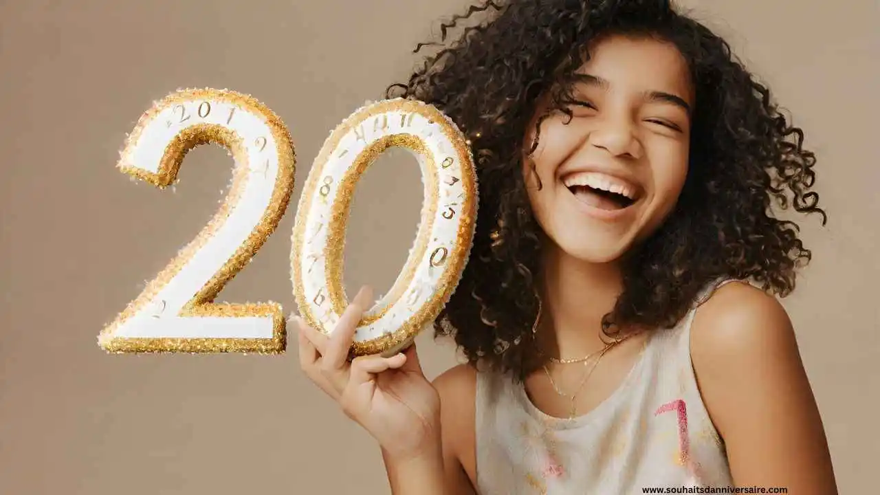 Une image vibrante célébrant le vingtième anniversaire, avec les chiffres '20' éclatant de joie et de festivités.