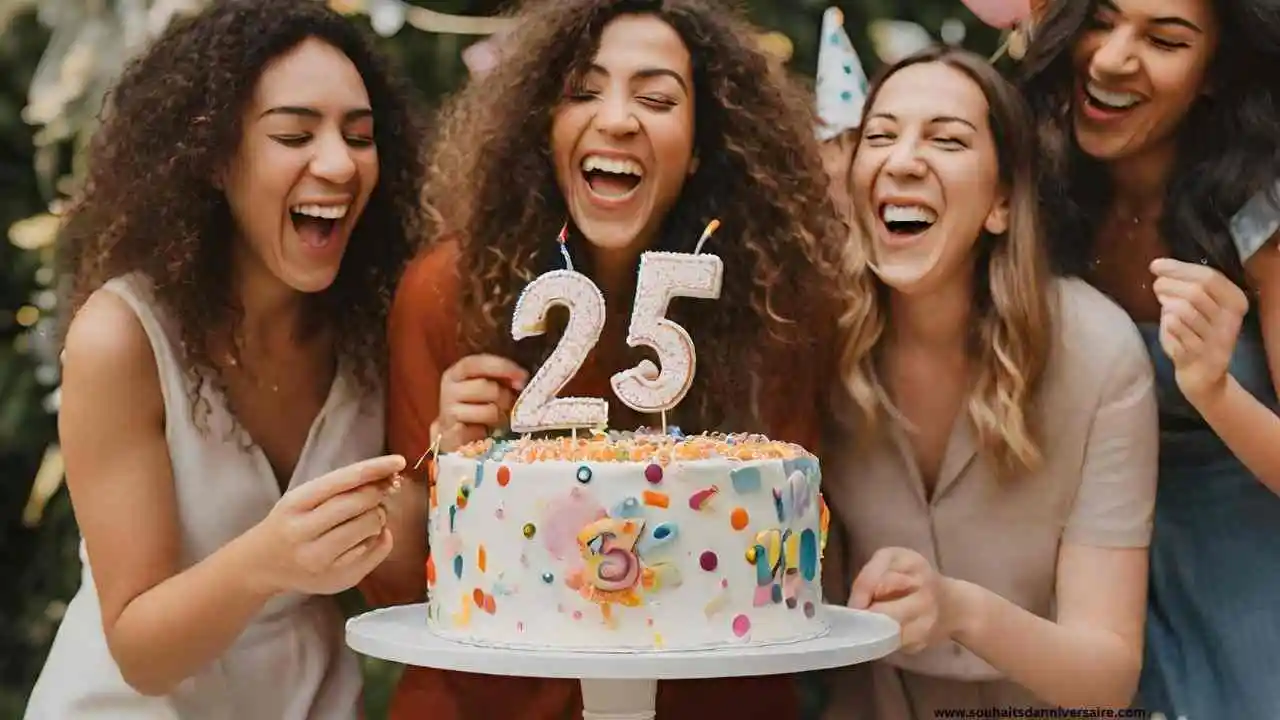 Célébration du 25 e anniversaire avec gâteau et amis