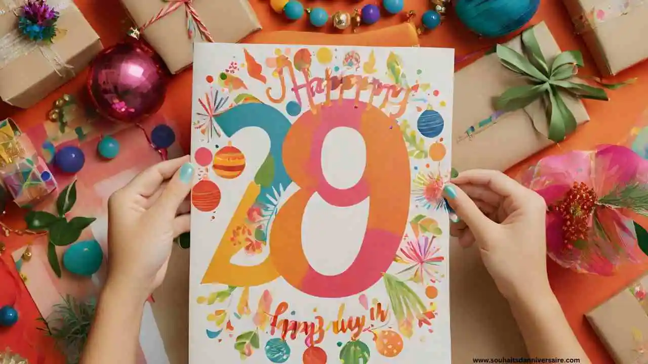 29 ans anniversaire sur une carte colorée et autres décorations d'anniversaire