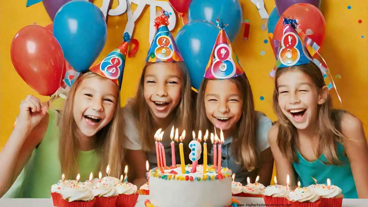 Image joyeuse d'une fête d'anniversaire pour les 8 ans, avec des ballons colorés, un gâteau décoré de bougies '8', et des visages heureux portant des chapeaux d'anniversaire de 8 ans