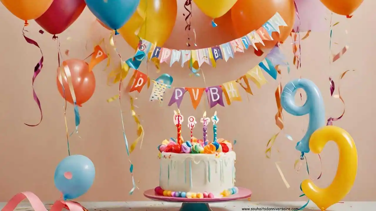 Décoration d'anniversaire festive avec gâteau chiffre 9 - Texte d'anniversaire 9 ans